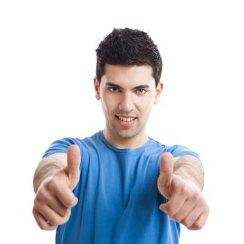 Handsome young man with thumbs up on an isolated white background 