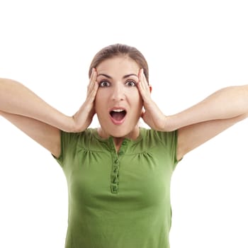 Portrait of a  young woman with a astonish expresion, isolated over white background