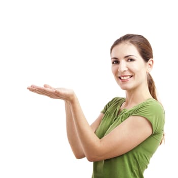 Woman showing her empty hands, isolated on white background