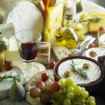 cheese still life with red wine