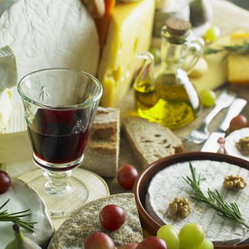 cheese still life with red wine