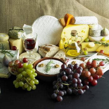 cheese still life with red wine