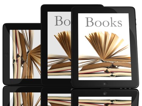 Group of Books and teblet computer 3D model isolated on white, digital library concept