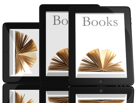 Group of Books and teblet computer 3D model isolated on white, digital library concept