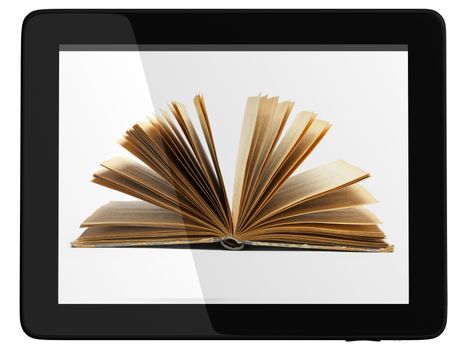 Book and generic teblet computer 3D model isolated on white, digital library concept