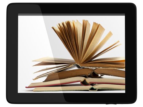 Book and generic teblet computer 3D model isolated on white, digital library concept