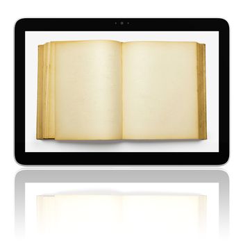 Book and generic teblet computer 3D model isolated on white, E-book E-reader concept