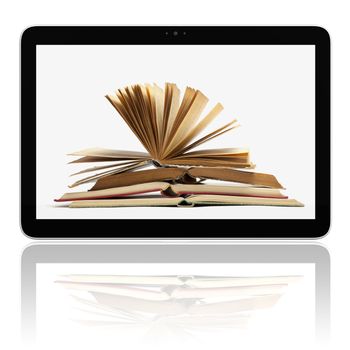 Book and generic teblet computer 3D model isolated on white, E-book E-reader concept