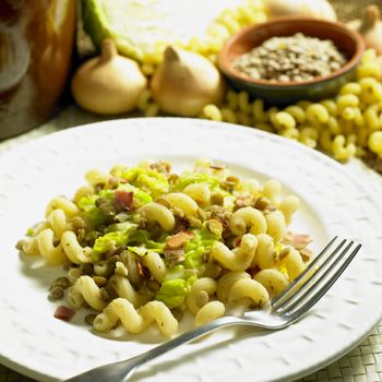 pasta with lentil and savoy cabbage