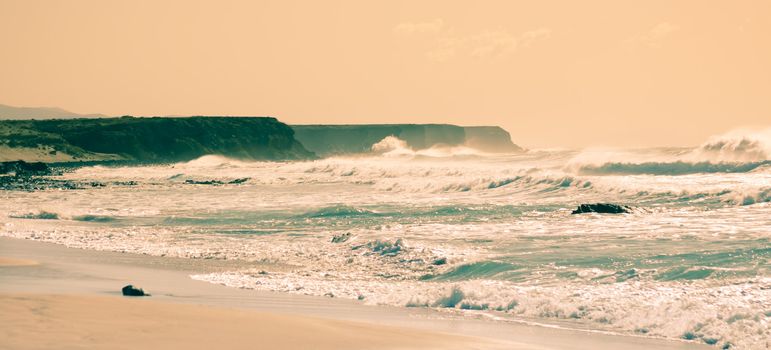 Rough coastline near famous surfing spot in Cotillo at Fuerteventura, Canary  islands.