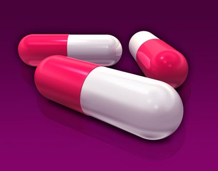 3D capsule pills isolated on purple background