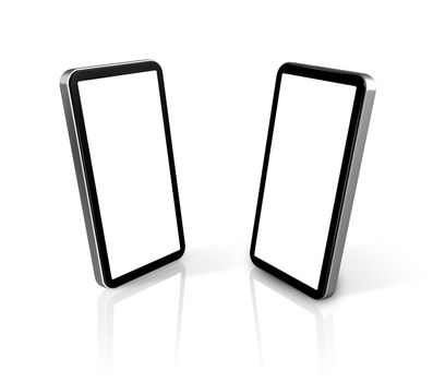 two three dimensional connected mobile phones isolated on white with screens clipping path