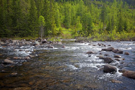 Water flowing down the river in the Norwegian mountains