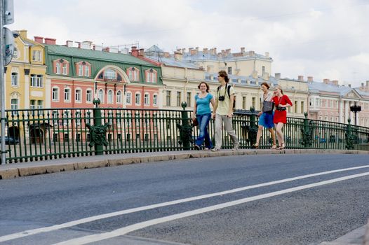 Tourists walking in the historical center of Sankt Petersburg, Russia 