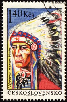 CZECHOSLOVAKIA - CIRCA 1966: stamp printed in Czechoslovakia, shows a picture of native american indian chieftain with feather headband, circa 1966