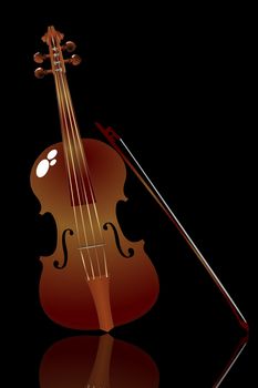 Realistic violin and bow over black background