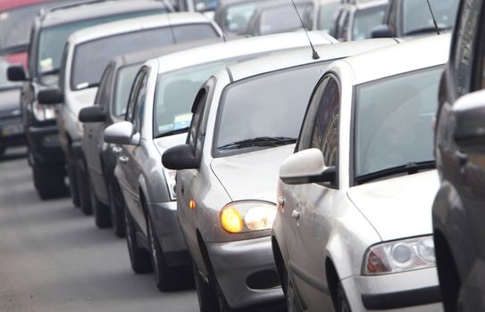 Morning traffic jam on a road in Kiev