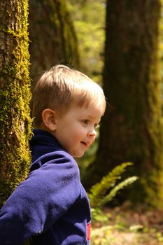 Young thoughtful boy leaning against a tree in the woods