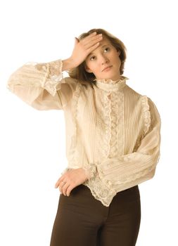 A woman with a headache, white background