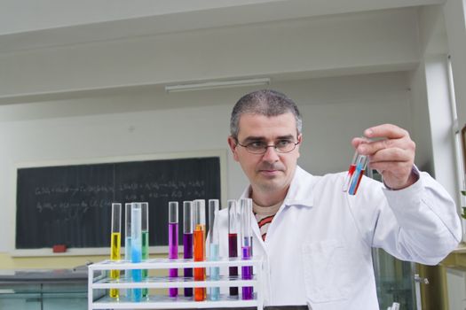 A researcher looking to some tubes in a laboratory.The inscriptions on the blackboard are mine.