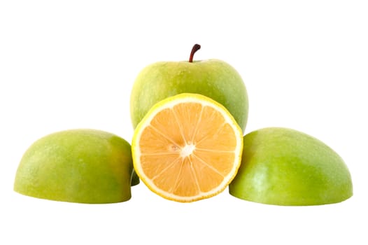 Green apple and acid-yellow lemon on isolated background.