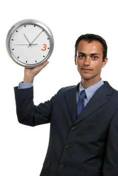 young handsome business man holding a clock