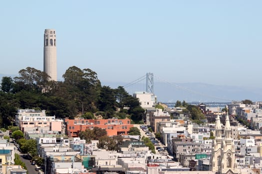 Coit Tower viewed from Lombard Street in San Francisco, California