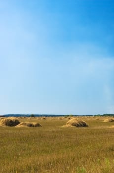 Straw bales on field under blue sky