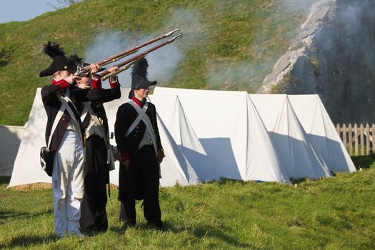 Willemstad - October 23: Replay of Napoleonic period in the Netherlands with battle between French, Dutch and English troops at Fort Sabina, October 23, 2011, Fort Sabina, Willemstad, the Netherlands