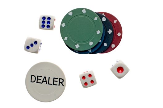 Top view of poker chips and dice isolated on white background.