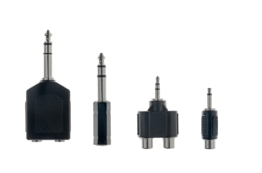 Audio plug adaptors isolated on white background.