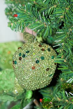 Glass Christmas decoration on a green tree 