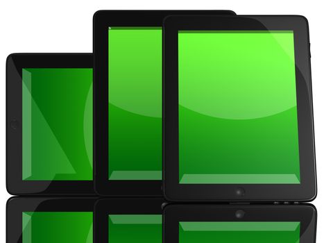 Group of Tablet Computers with green screen isolated on white