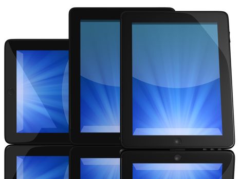 Group of Tablet Computers with blue screen isolated on white