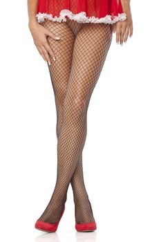 Sexy maid woman legs in fishnet stocking posing