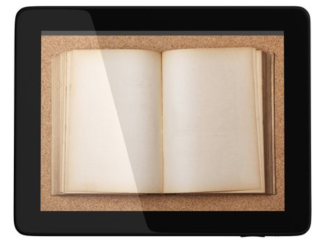 Book and generic teblet computer 3D model isolated on white, digital library concept