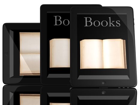 Group of Books and teblet computer 3D model isolated on white, digital library concept