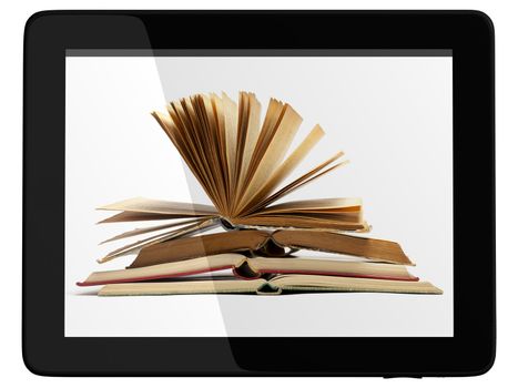Book and generic teblet computer 3D model isolated on white, digital library concept