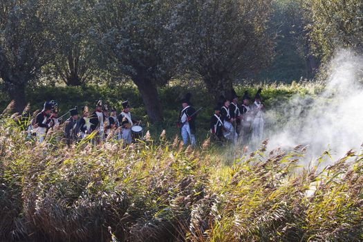 Willemstad - October 23: Replay of Napoleonic period in the Netherlands with battle between French, Dutch and English troops at Fort Sabina, October 23, 2011, Fort Sabina, Willemstad, the Netherlands