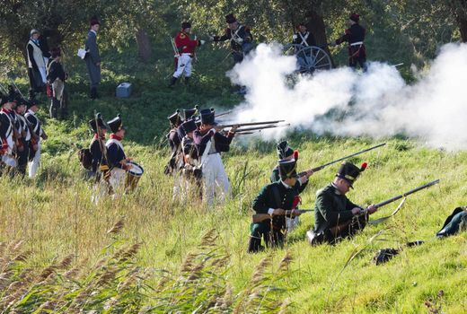 Willemstad - October 23: Replay of Napoleonic period in the Netherlands with battle between French, Dutch and English troops at Fort Sabina, October 23, 2011, Fort Sabina, Willemstad, the Netherlands