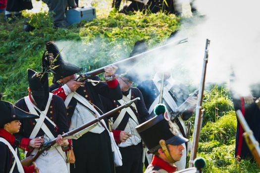 Willemstad - October 23: Replay of Napoleonic period in the Netherlands with battle between French, Dutch and English troops at Fort Sabina, October 23, 2011, Fort Sabina, Willemstad, the Netherlands