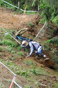 LEOGANG, AUSTRIA - JUN 12: UCI Mountain bike world cup. Matti Lehikoinen (FIN) at the downhill final race on June 12, 2011 in Leogang, Austria.