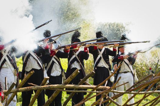 Willemstad - October 23: Replay of Napoleonic period in the Netherlands with battle between French, Dutch and English troops at Fort Sabina, October 23, 2011, Fort Sabina, Willemstad, the Netherlands