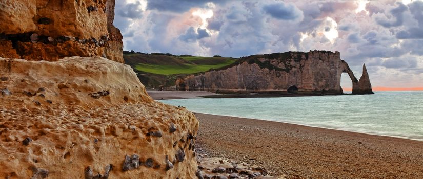 Beautiful rocky landscape in Etretat on the Upper Normandy coast in the North of France.