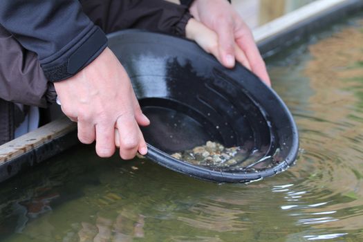 Father and son panning for gold at Hell's Gate, BC, Canada