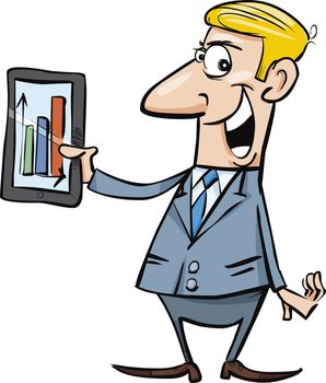 cartoon illustration of happy businessman with chart on tablet