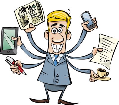 cartoon illustration of busy businessman with tablet, newspaper, smartphone, pen, coffee and agreement