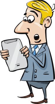 cartoon illustration of startled businessman with tablet