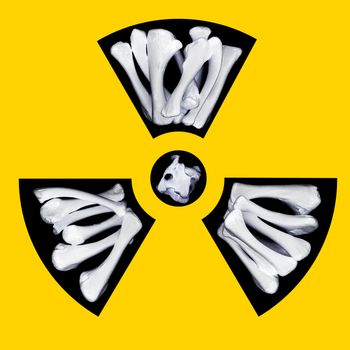 Radioactivity warning symbol with pale glowing bones