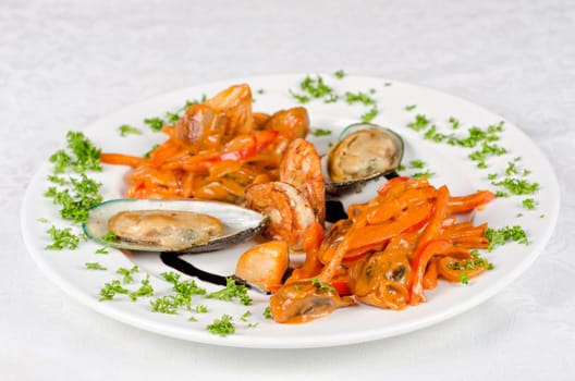 Shrimps mussels and squid tasty seafood dish